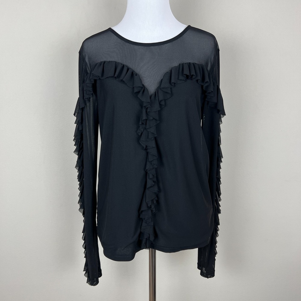 BKE Boutique Blouse M Black Sheer Mesh Ruffle Long Sleeve Coquette Whimsygoth